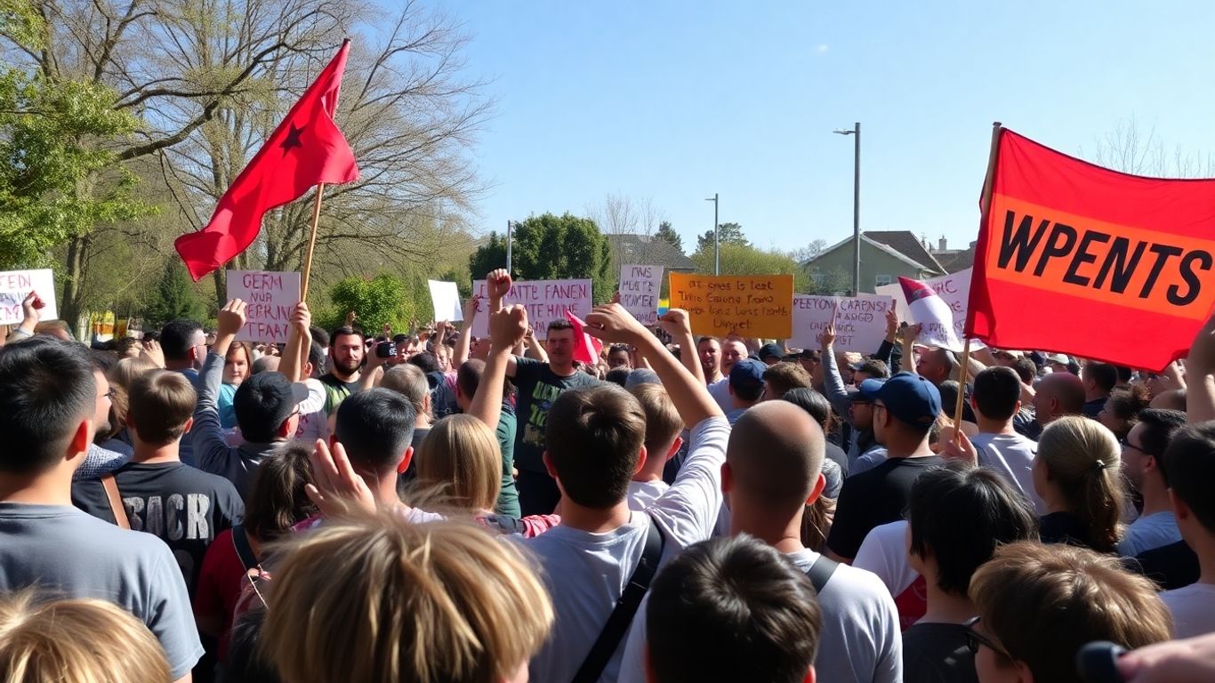 Manifestation ouvrière avec poings levés et banderoles.