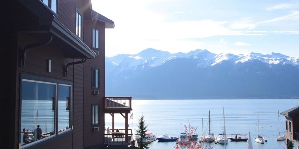 Cozy Juneau hotel with water and mountain view.