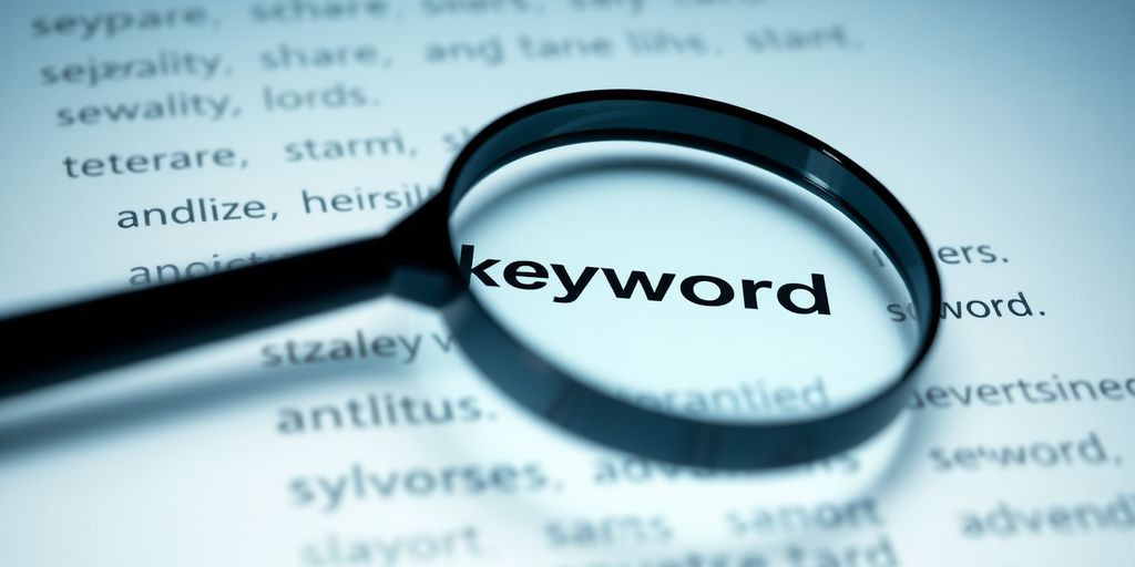 Magnifying glass over digital ad keywords.