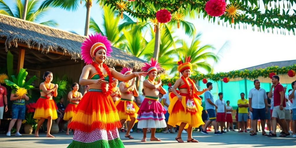 Bunte tahitianische Festtänzer in traditioneller Kleidung.