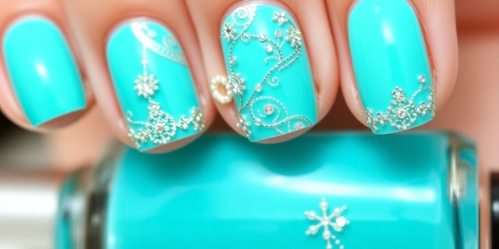 Unhas decoradas em azul turquesa vibrante e alegre.