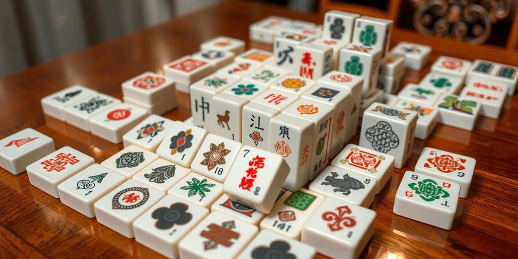 Colorful Mahjong honor tiles displayed on a wooden table.