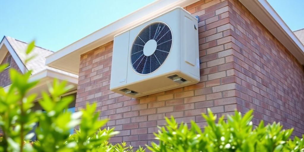Sleek ductless heat pump on a home's exterior.