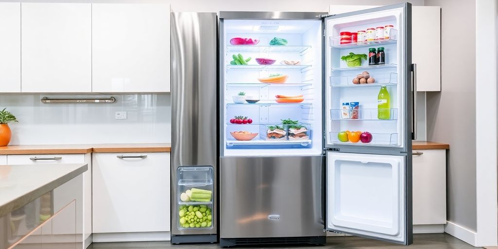 Modern fridge freezer in a bright kitchen setting.