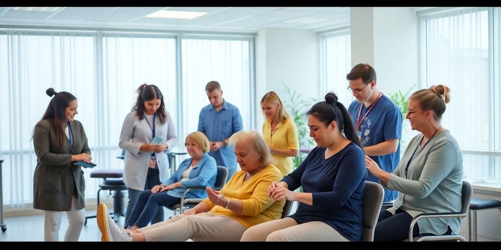 Therapists working with patients in a rehabilitation setting.