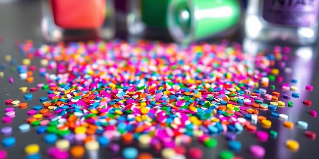 Close-up of colorful nail glitter on a surface.