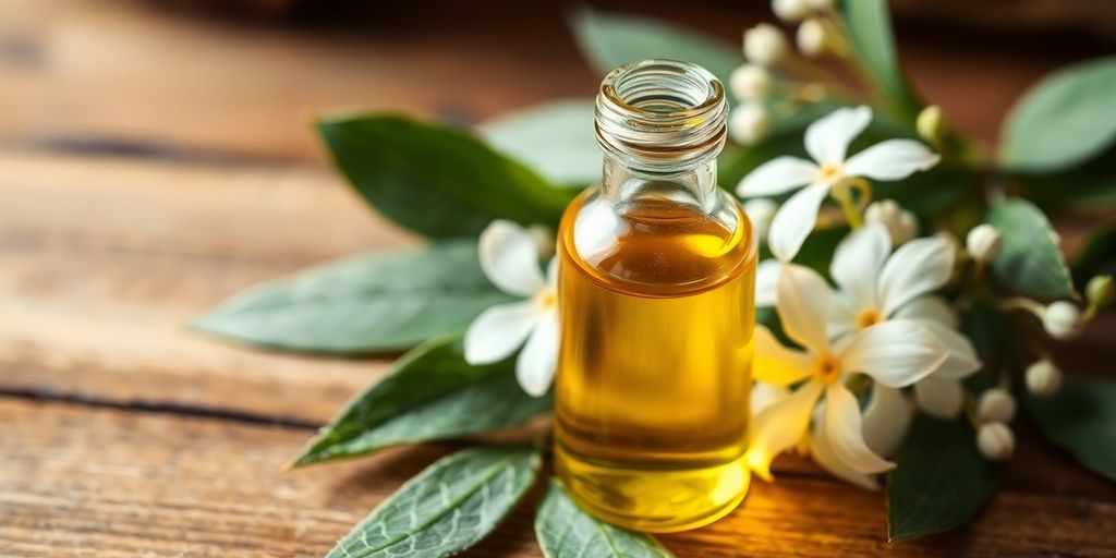 Jojoba oil bottle with leaves and flowers on wood.