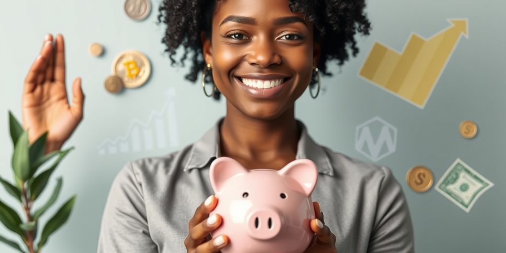 Black woman with piggy bank and financial growth symbols
