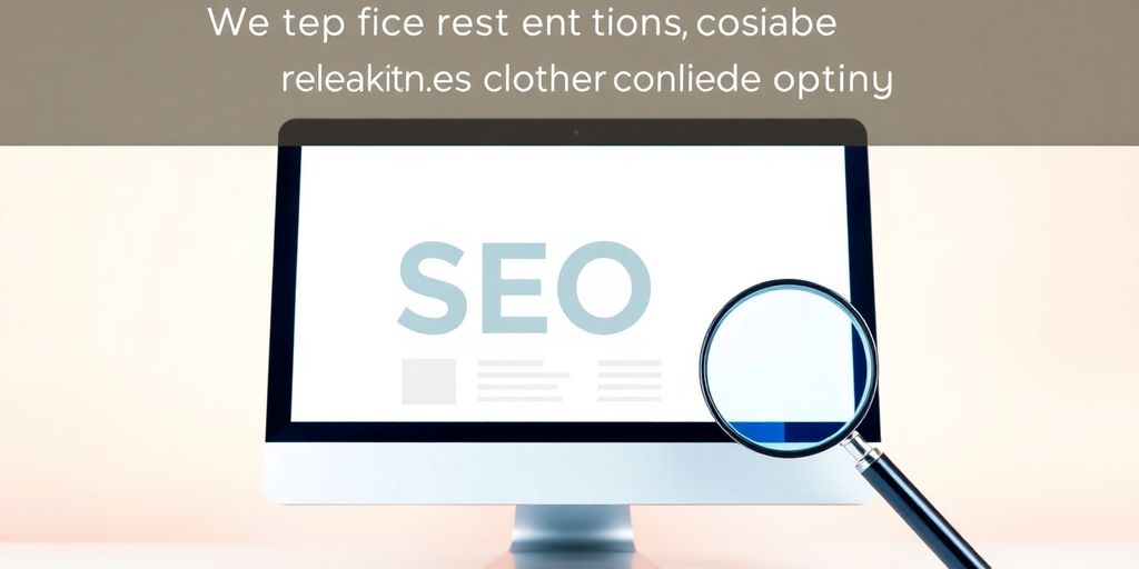 Computer screen with magnifying glass on SEO concepts.