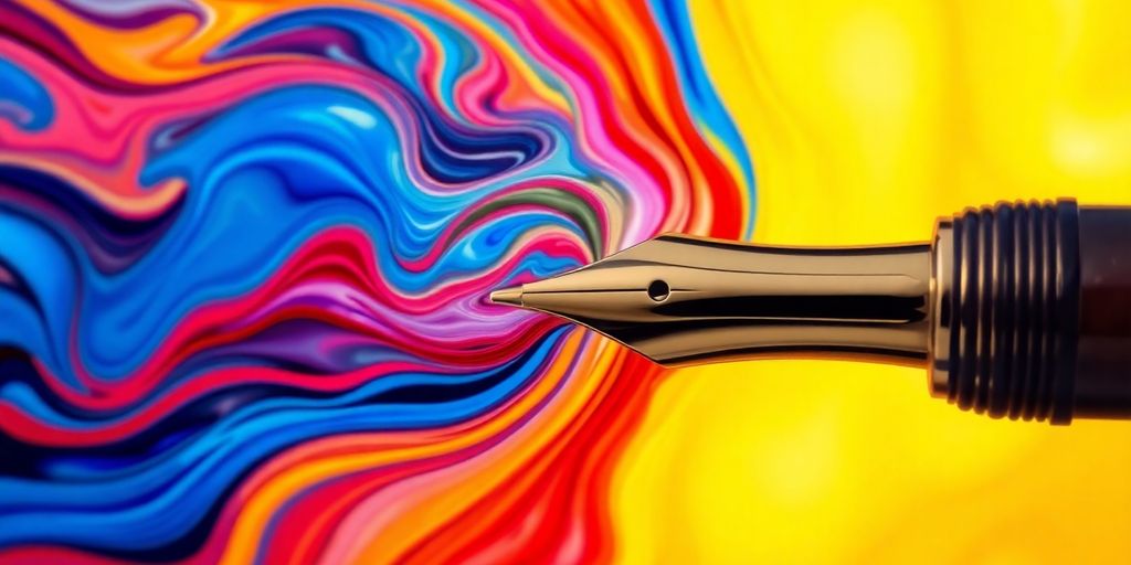 Abstract swirling colors blending into a fountain pen.