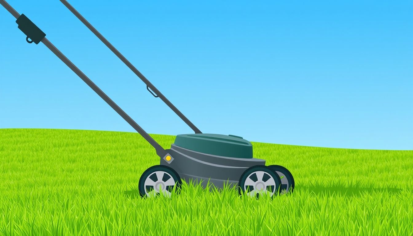Lawnmower cutting grass on a sunny day.