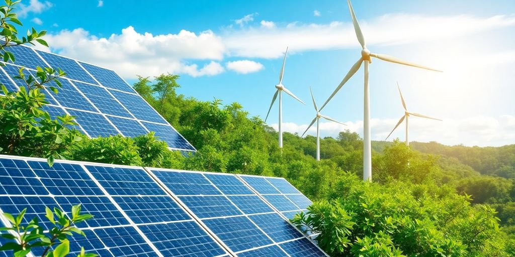 Groene technologie met zonnepanelen en windturbines in de natuur.