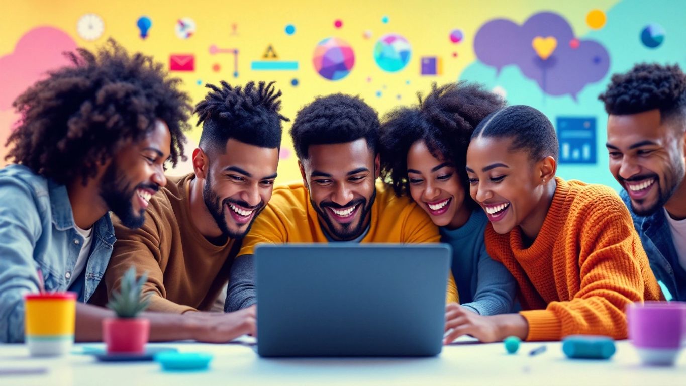 Group of people collaborating on video creation with laptops.