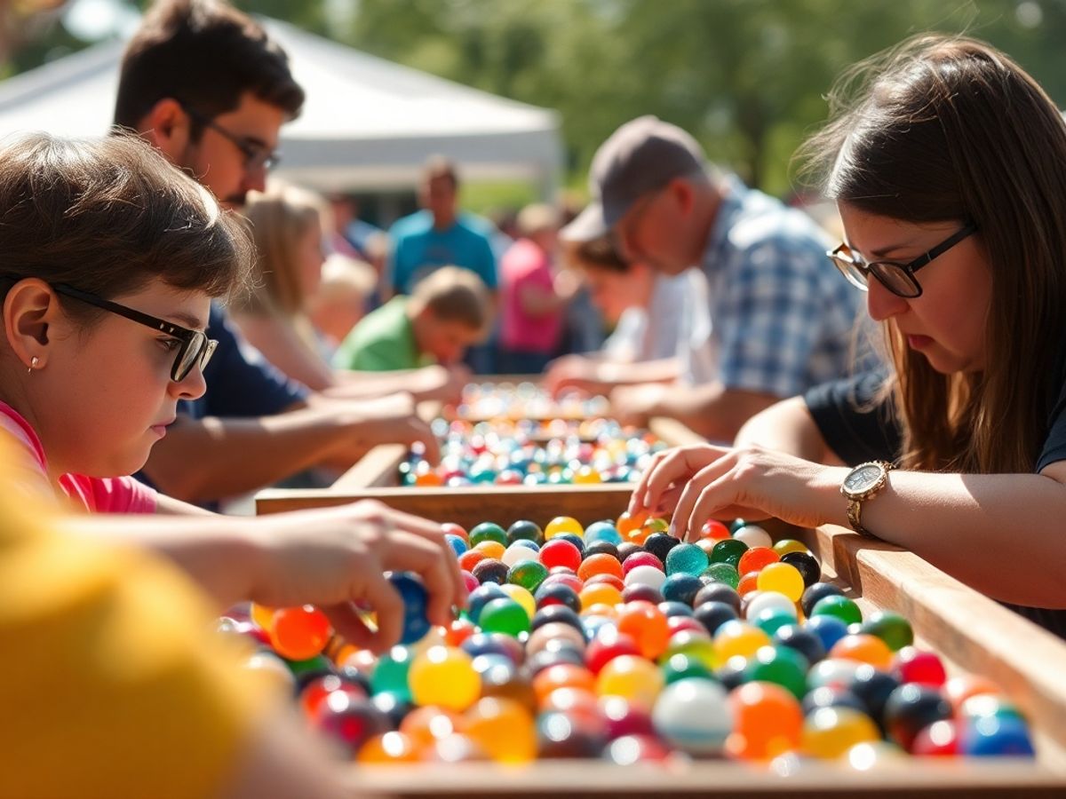 Players competing in the National Marbles Tournament outdoors.