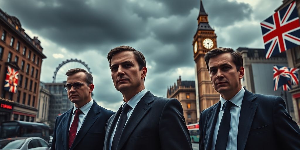 Three Bulgarian men in suits in a UK city.