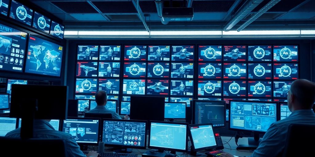 Modern security operations center with advanced AI technology.