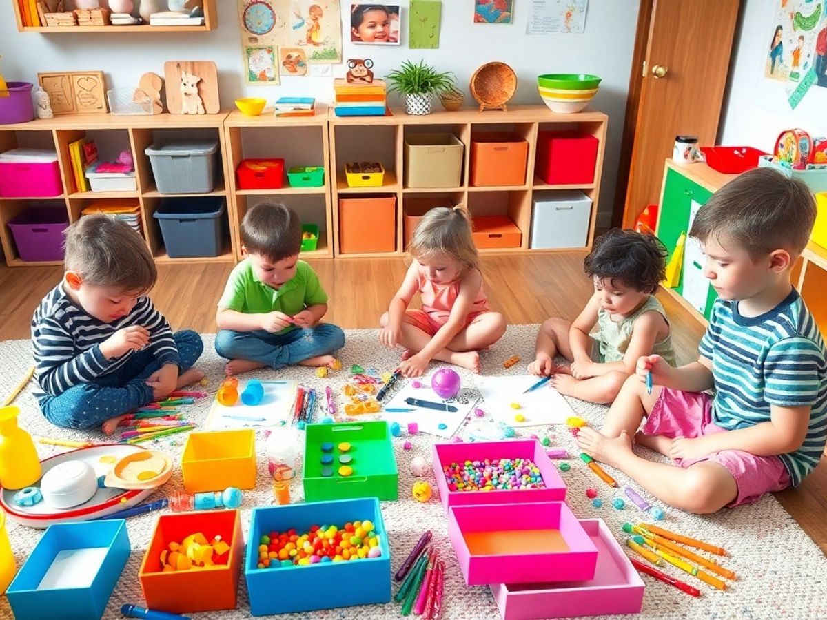 Copii jucându-se cu jucării colorate și materiale creative.