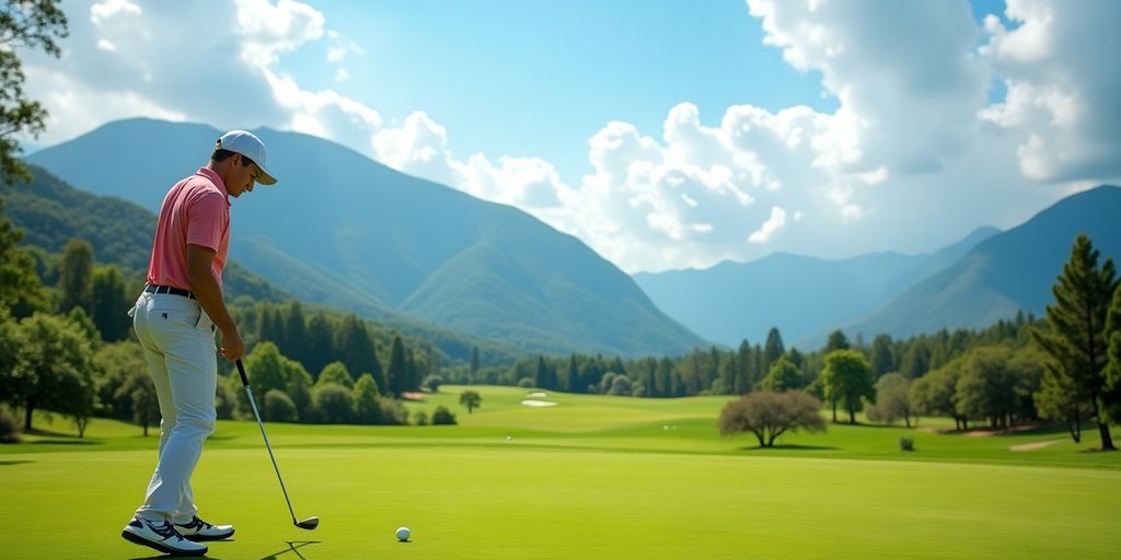 Golfer teeing off on a scenic golf course.