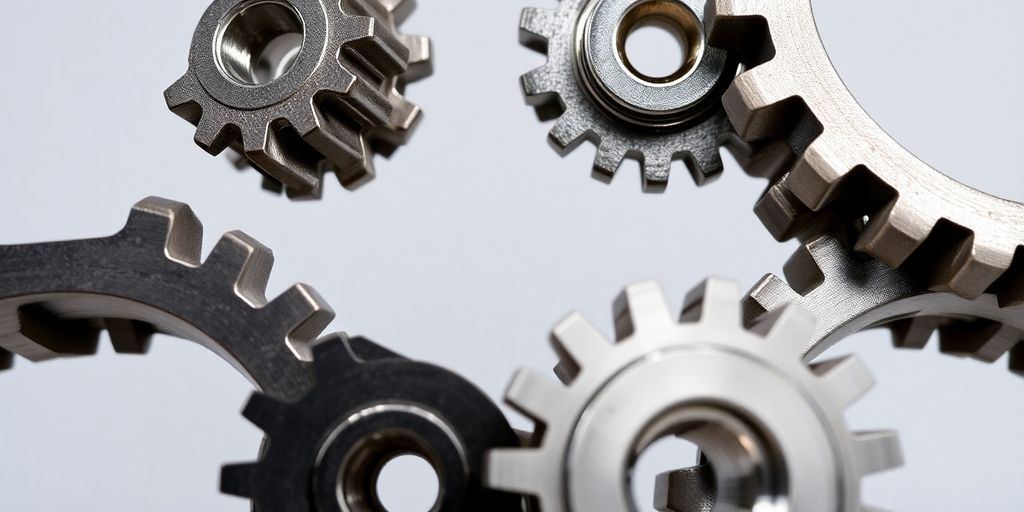 Seven interconnected gears turning smoothly together.