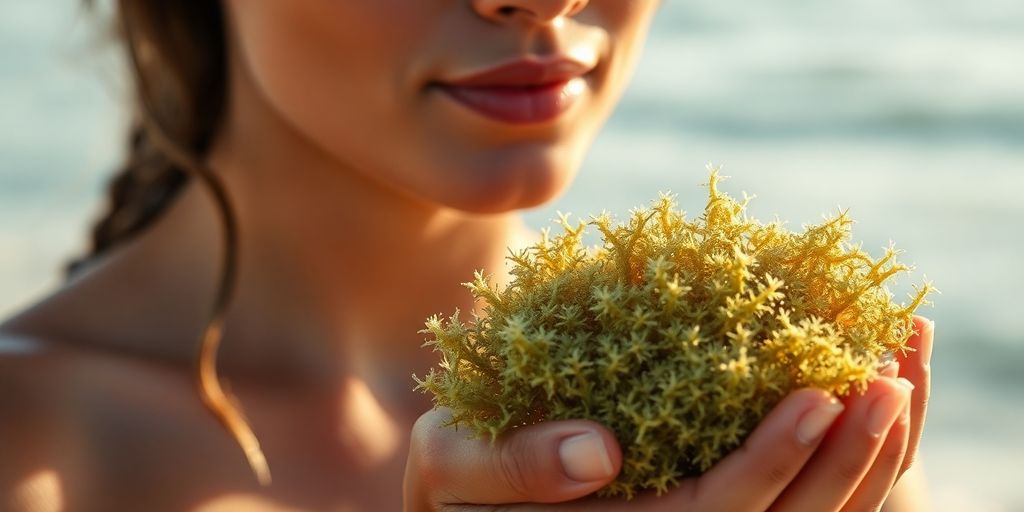 Woman with glowing skin holding sea moss