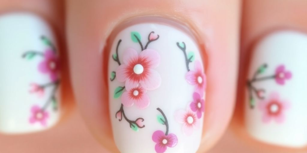 Unhas decoradas com flores delicadas em cores suaves.