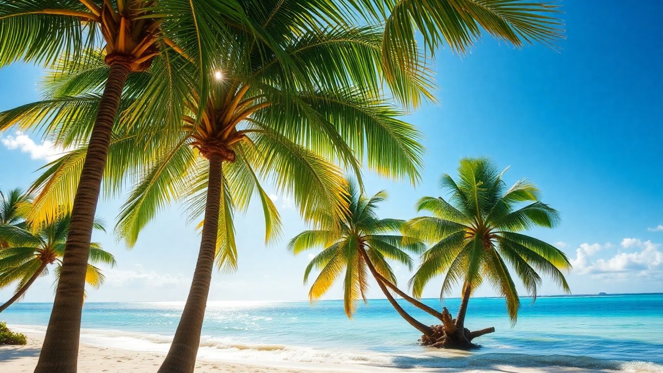 Tropical island with palm trees and sun rays.