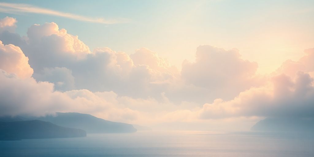 Ethereal landscape with clouds and tranquil water reflection.