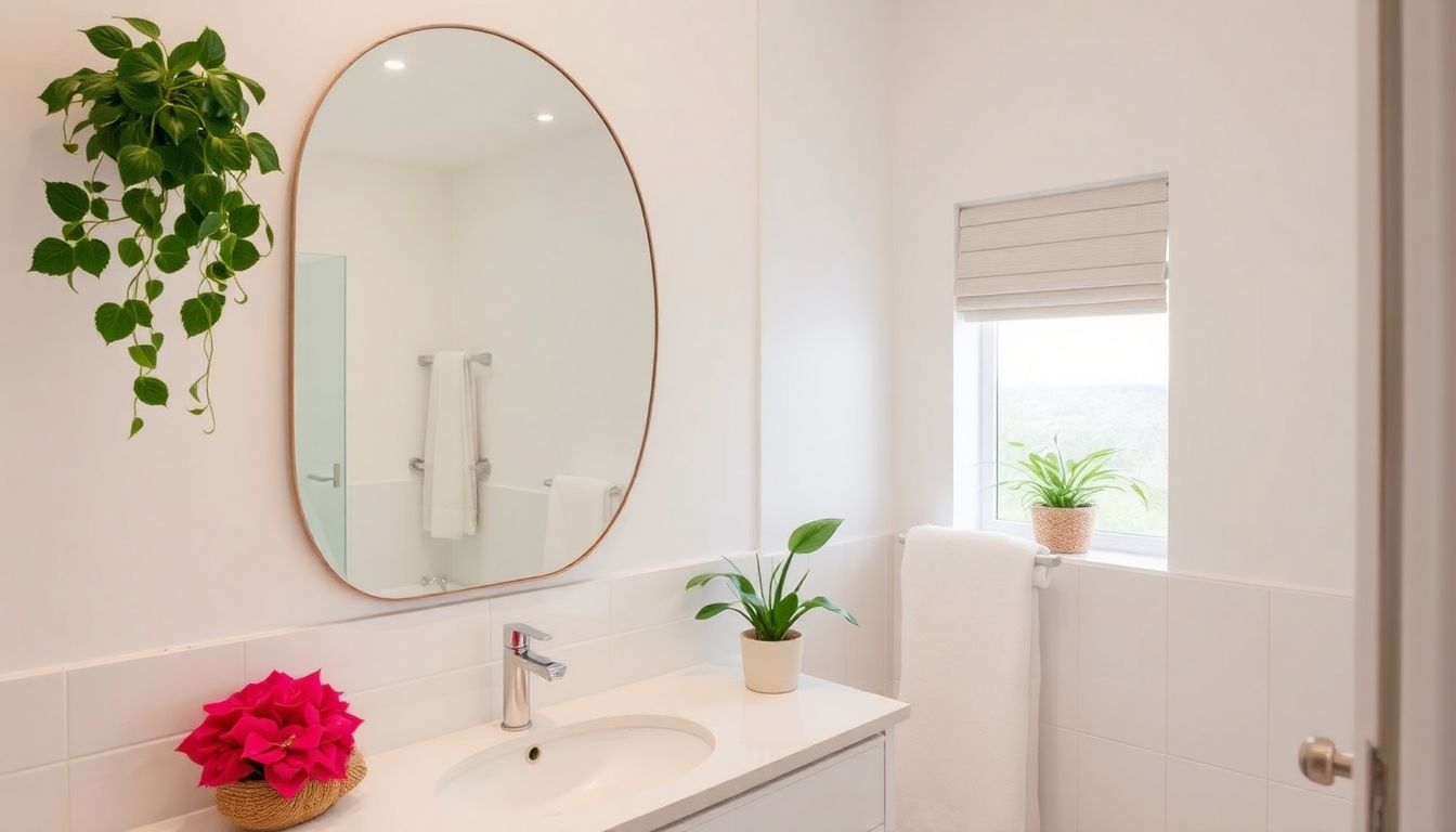 Refurbished bathroom with stylish decor and fresh towels.