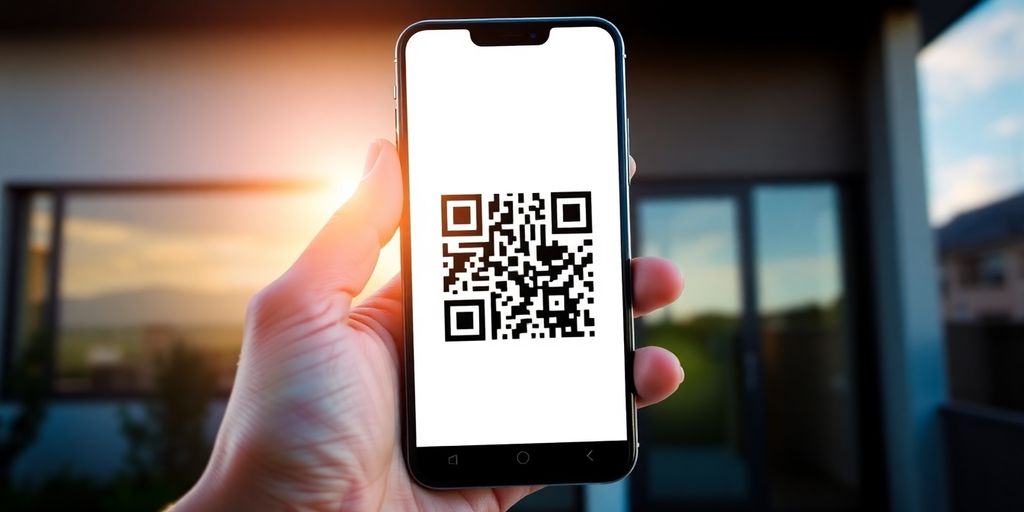 QR code on a property with city backdrop.