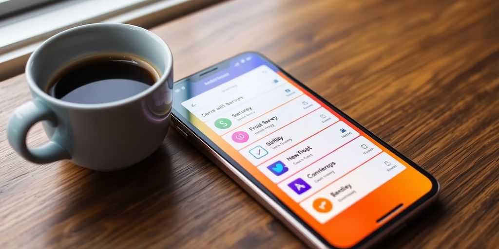 Smartphone with surveys on screen and coffee mug.