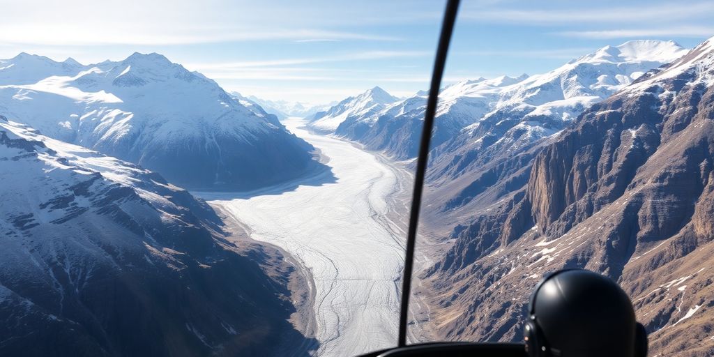 A helicopter flies low over a vast Alaskan glacier.