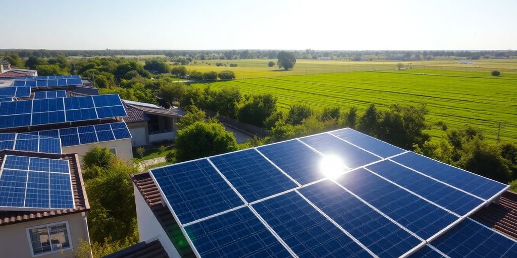 Solar panels under bright sunlight in a green landscape.