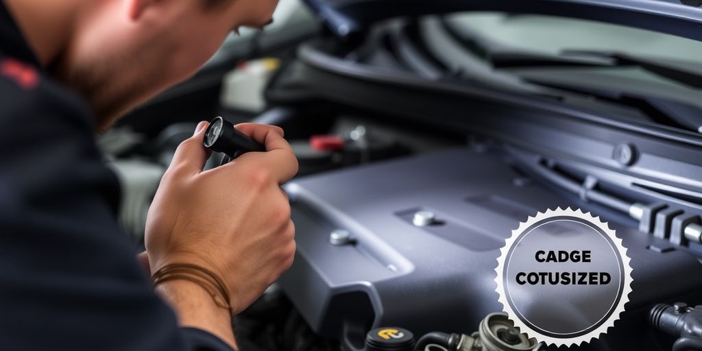 Mechanic inspecting car engine with flashlight.