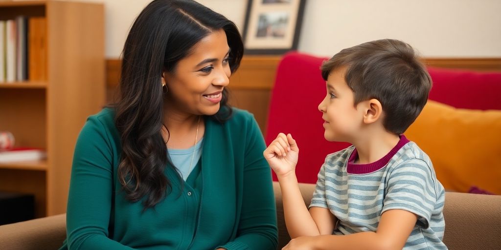 Mediator talking with a child in a calm setting.