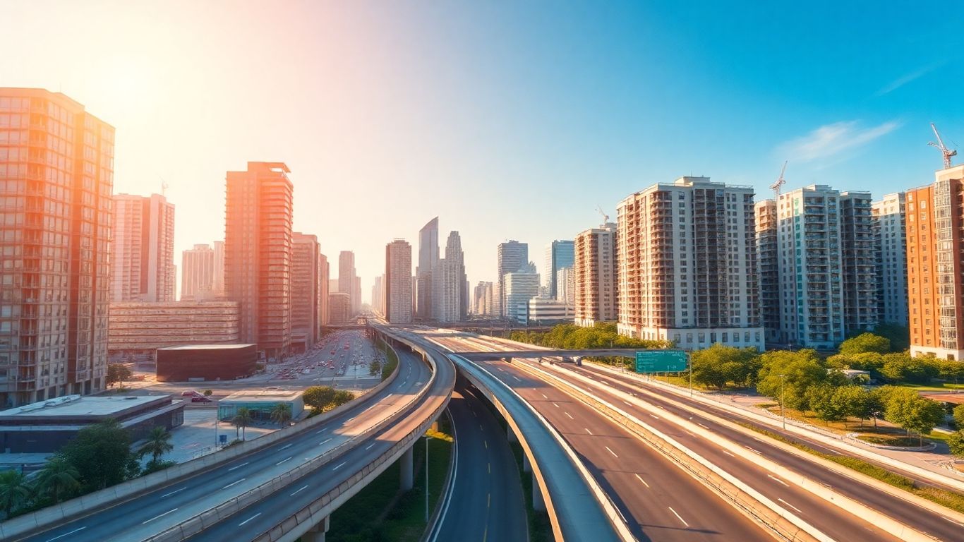 Cityscape with buildings and highway, suggesting investment growth.