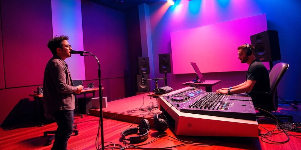 Vocalist singing into microphone in illuminated modern recording studio scene.