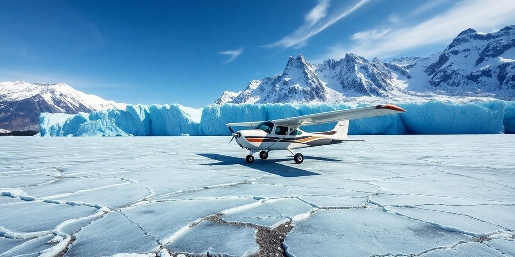 A small airplane landed on a vast Alaskan glacier.