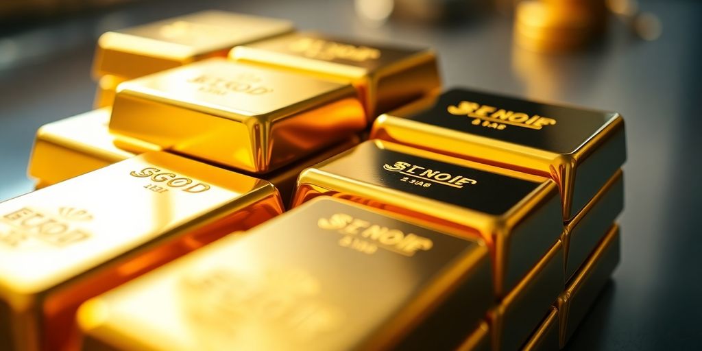 Barres d'or brillantes empilées sur un fond flou.