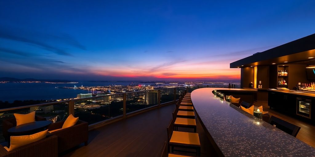 Rooftop bar with vibrant lights, city, sea view at dusk.