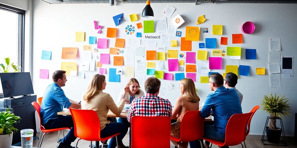 Equipe colaborando para construir uma identidade de marca.