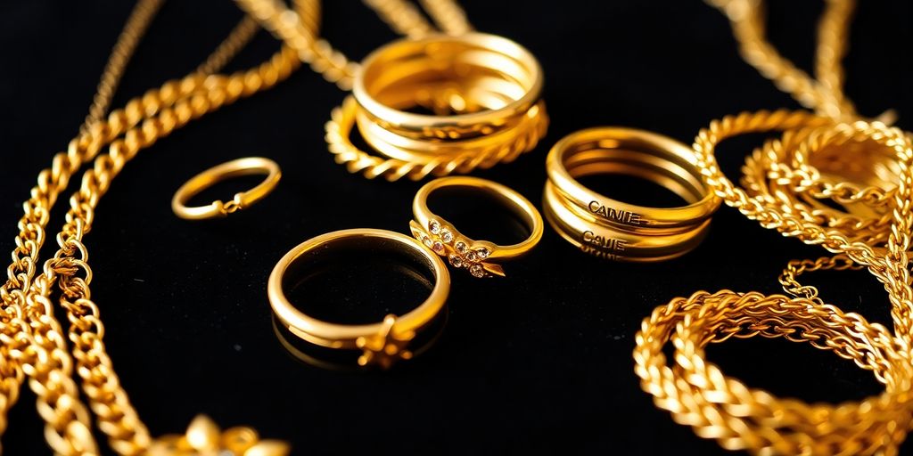 Bagues, colliers et bracelets en or sur une surface sombre.
