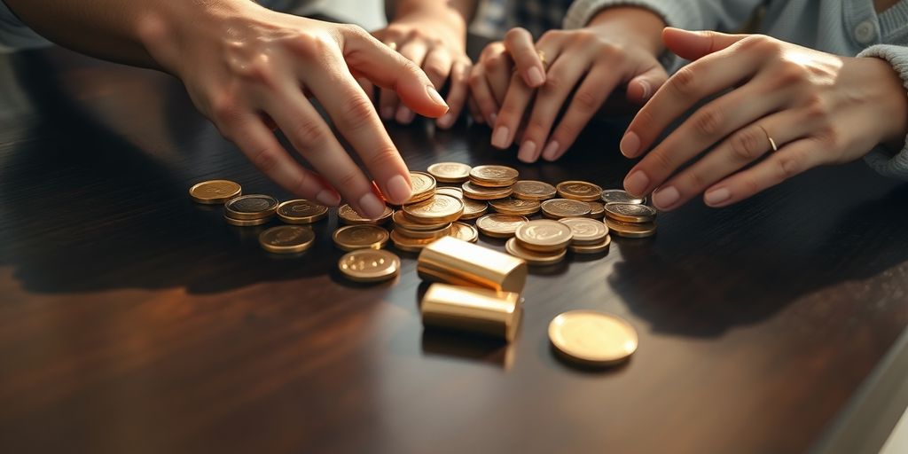Lingots d'or et pièces de monnaie sur table en bois sombre.