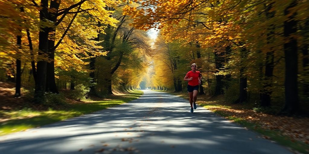 Runner sprinting swiftly on autumn trail.
