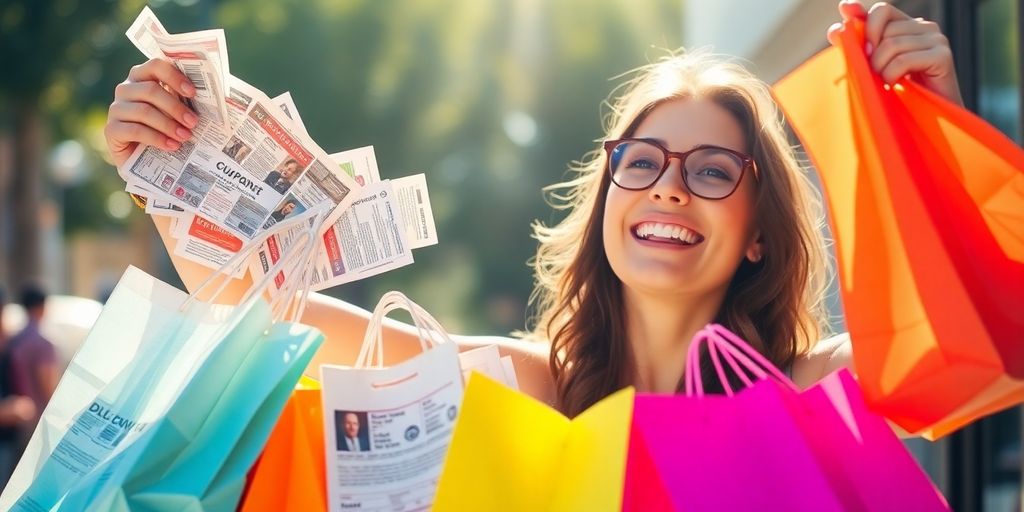 Smiling person holding shopping bags and coupons.