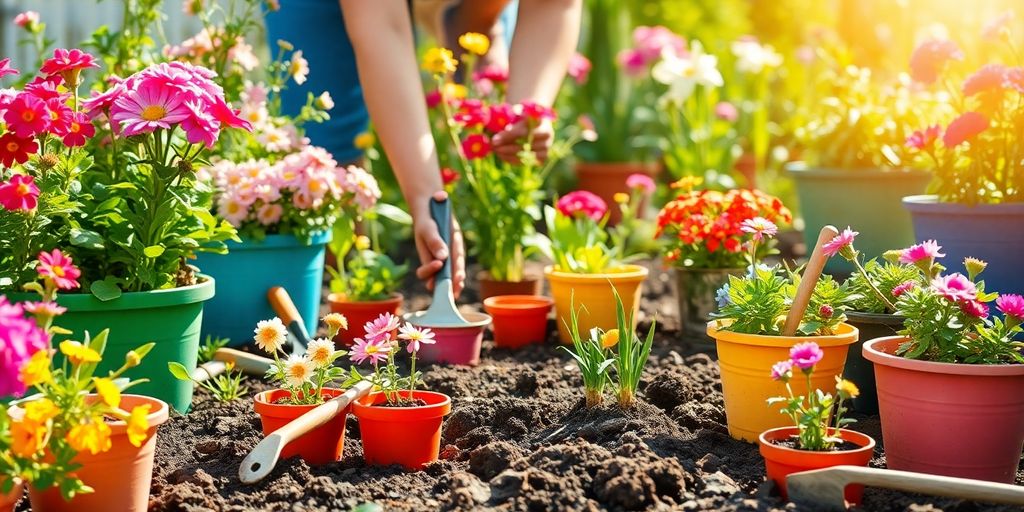 Frühling Gartenarbeit mit bunten Blumen und Werkzeugen.