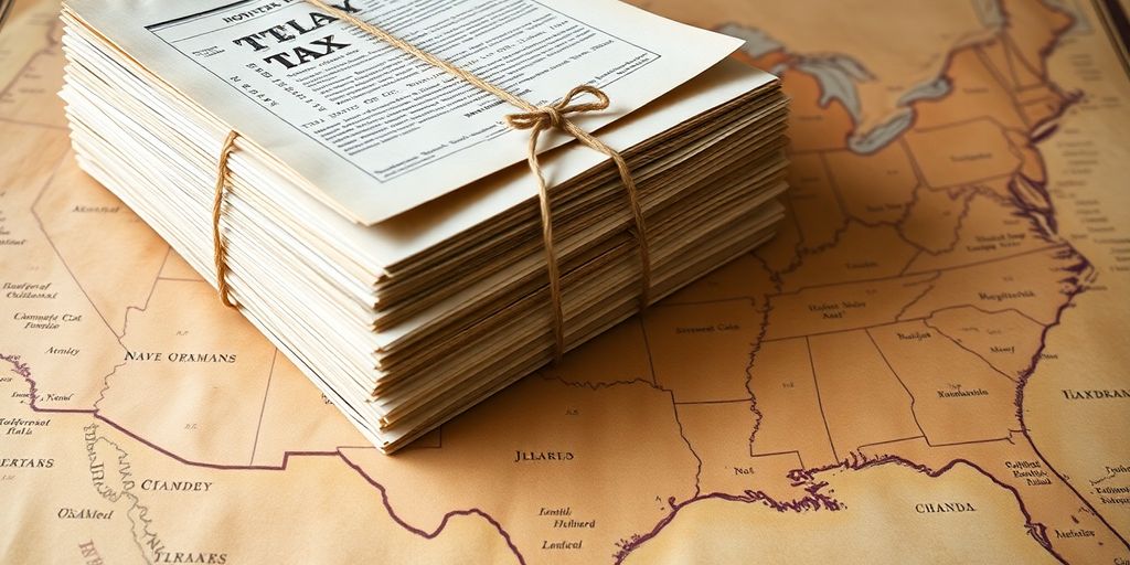 Stack of tax deeds on a map of the United States.