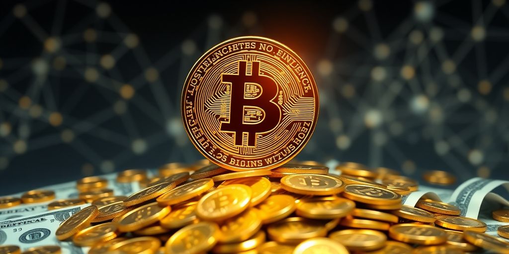 Bitcoin coin on pile of gold and currency.