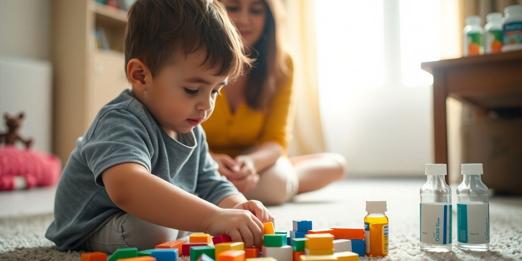 Child playing, parent watching, medications nearby, soft light.