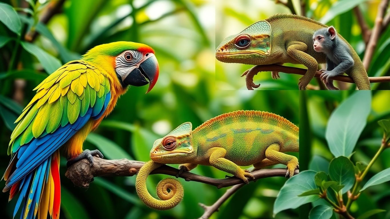 Animais exóticos como papagaio e camaleão em habitat.