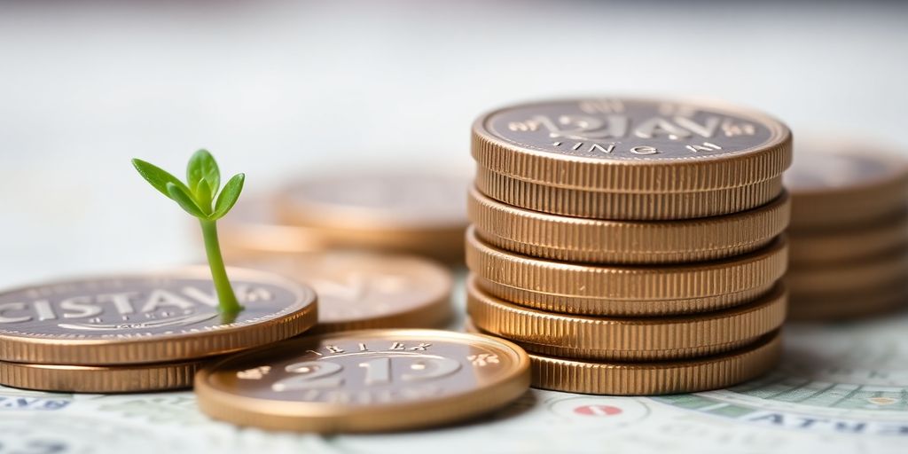 Australian coins stacked with a growing plant.